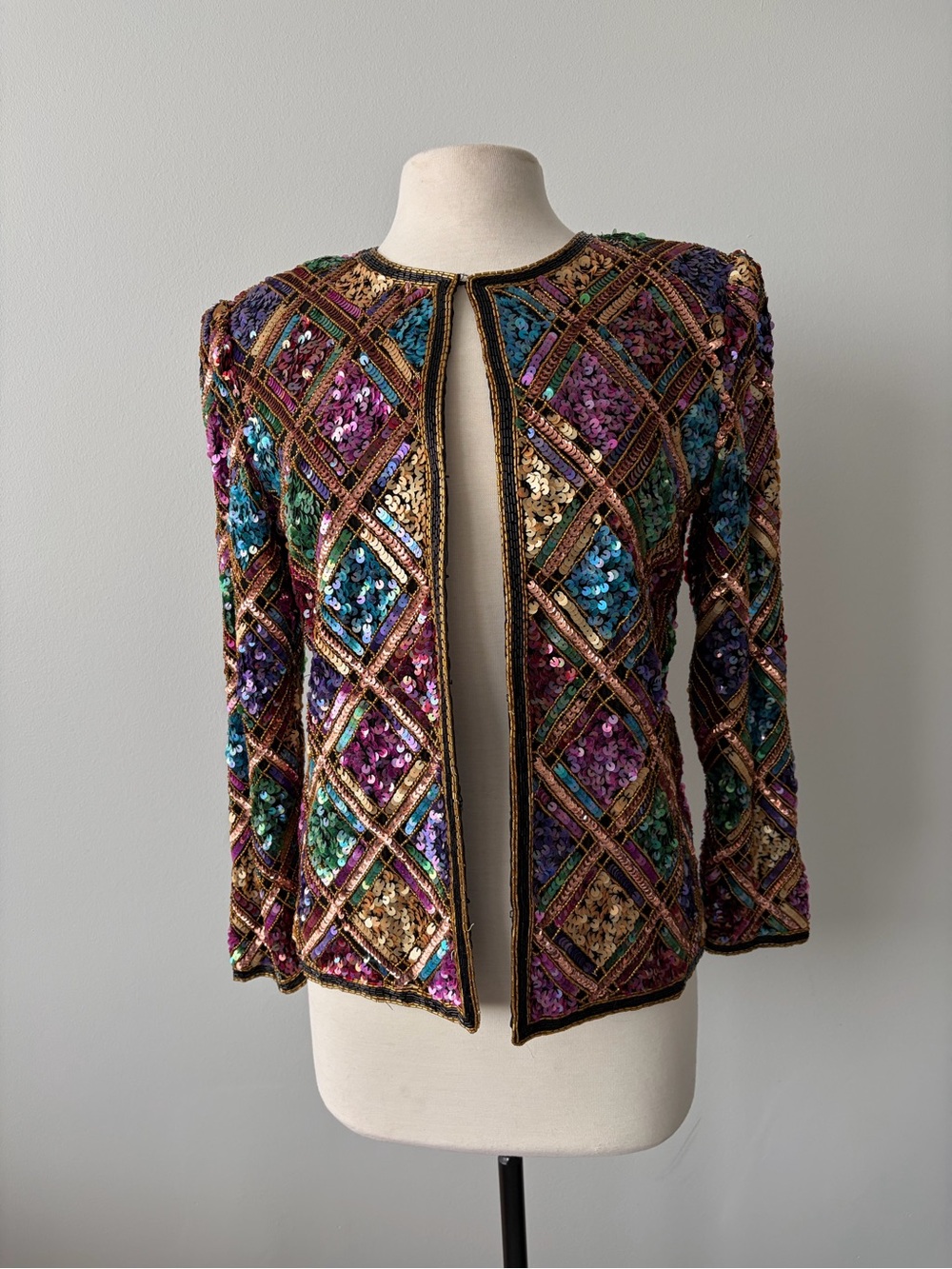 Sequin Jacket Laurence Kazar Vtg PM Silk Bead Harlequin Purple Gold Green Formal